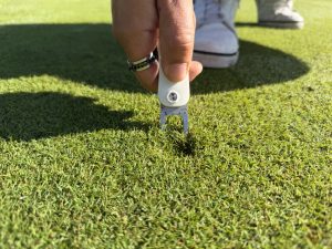 Greenihaarukka, jolla korjataan golfkentän viheriön alastulojälkeä.